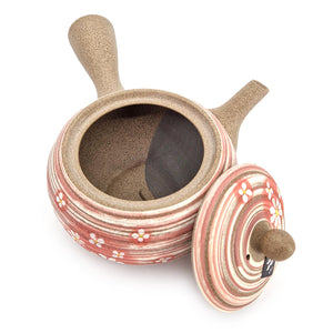 Japansk Kyusu fra Tokoname i Sandbrun Farve med Pink og Hvide Linjer - 375 ml